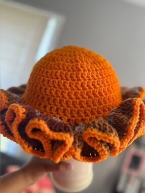 Hand-Crocheted Orange & Brown Ruffle Sun Hat